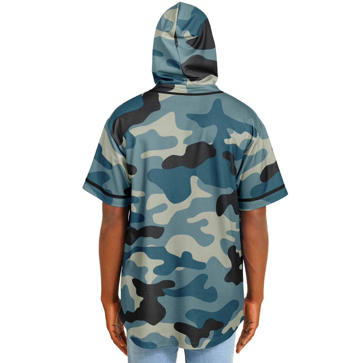 Hooded Baseball Jersey | Blue & Charcoal Camo Print | Camo Colors