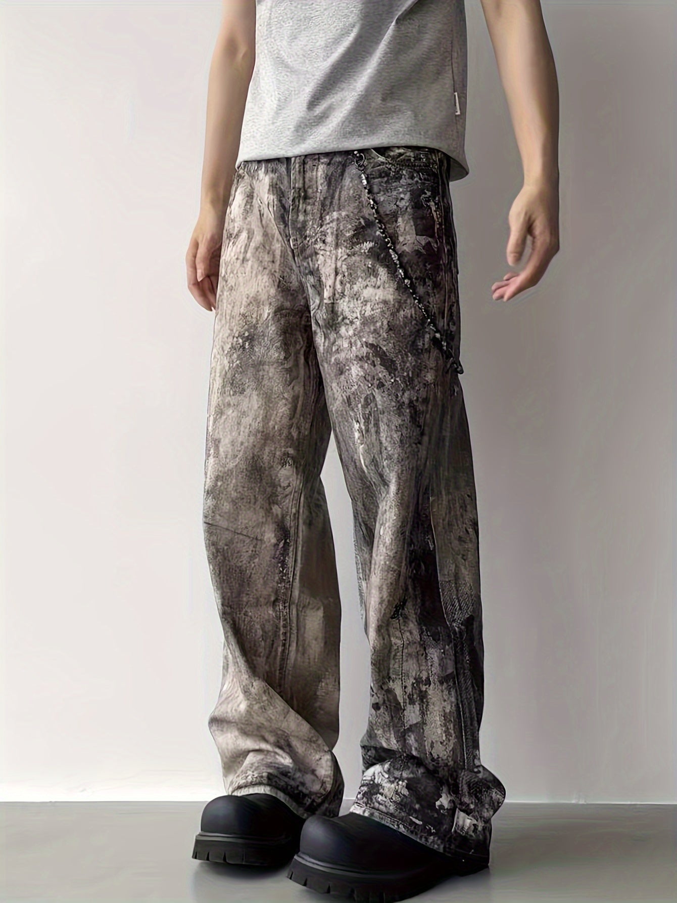 Camo Splatter Print Distressed Low-Rise Wide-Leg Jeans | Cotton Blend Camo Colors