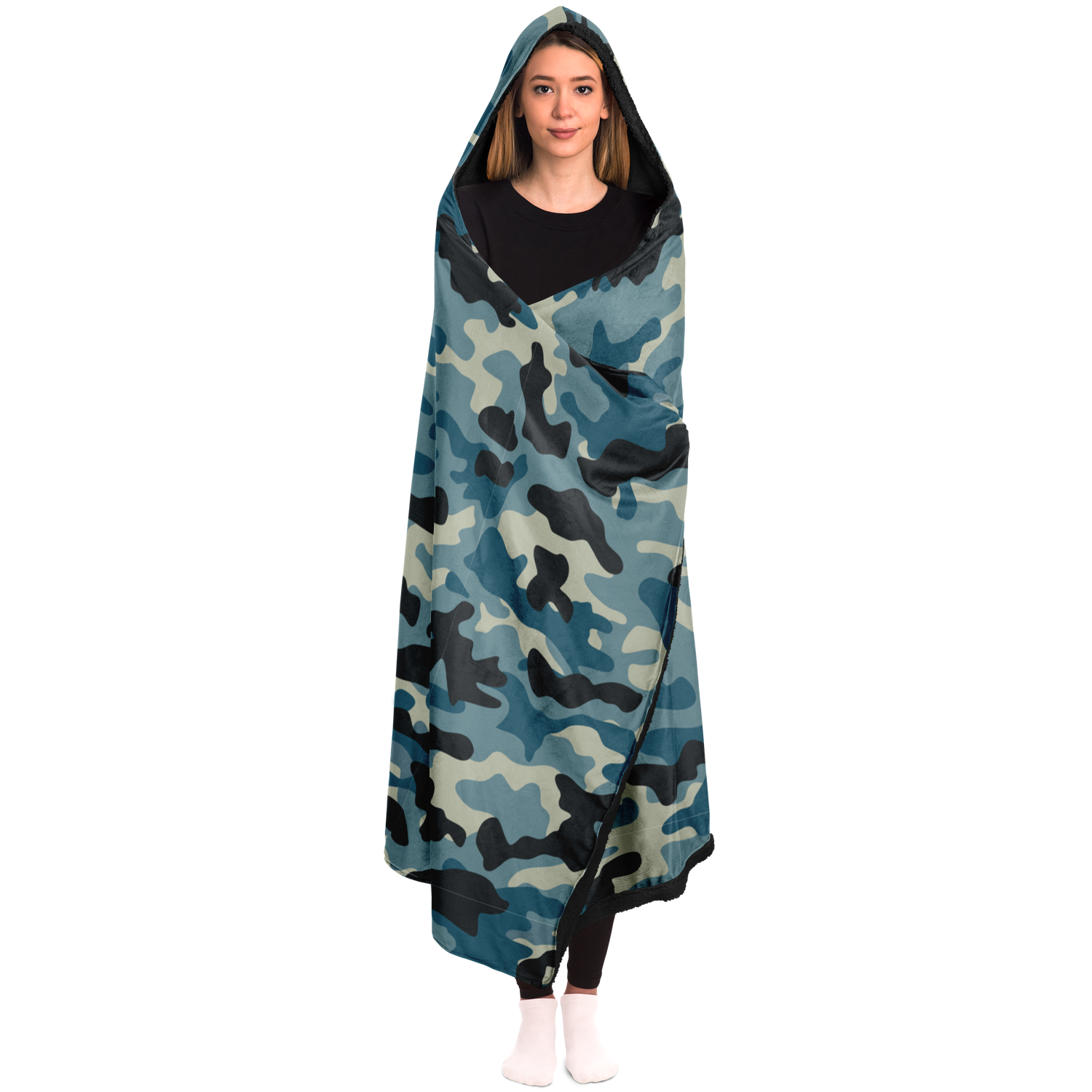 Blanket Hoodie | Blue & Charcoal Camo Print | Microfleece Lining | Camo Colors