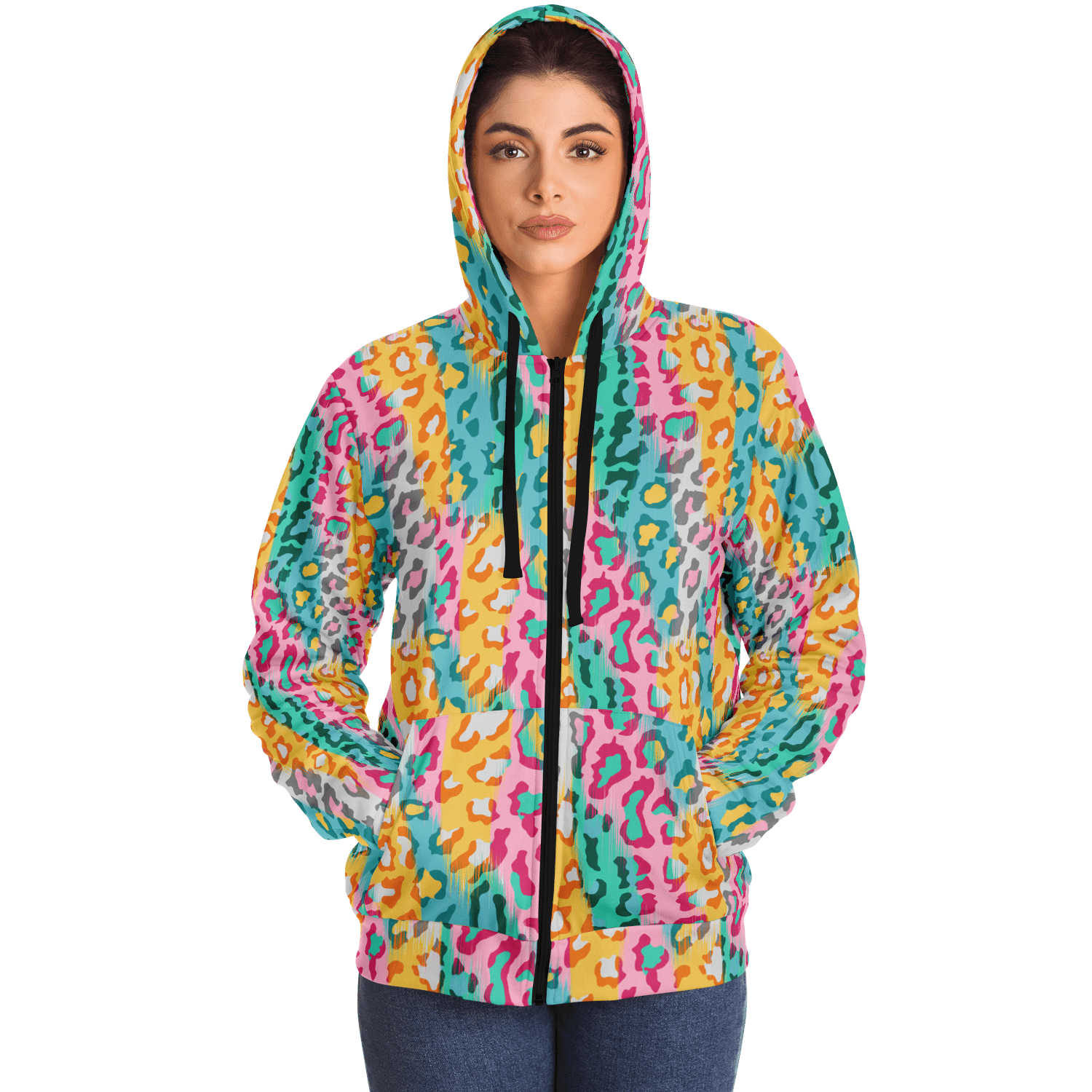 Microfleece Zip Hoodie | Colorful Leopard Pattern Camo Colors