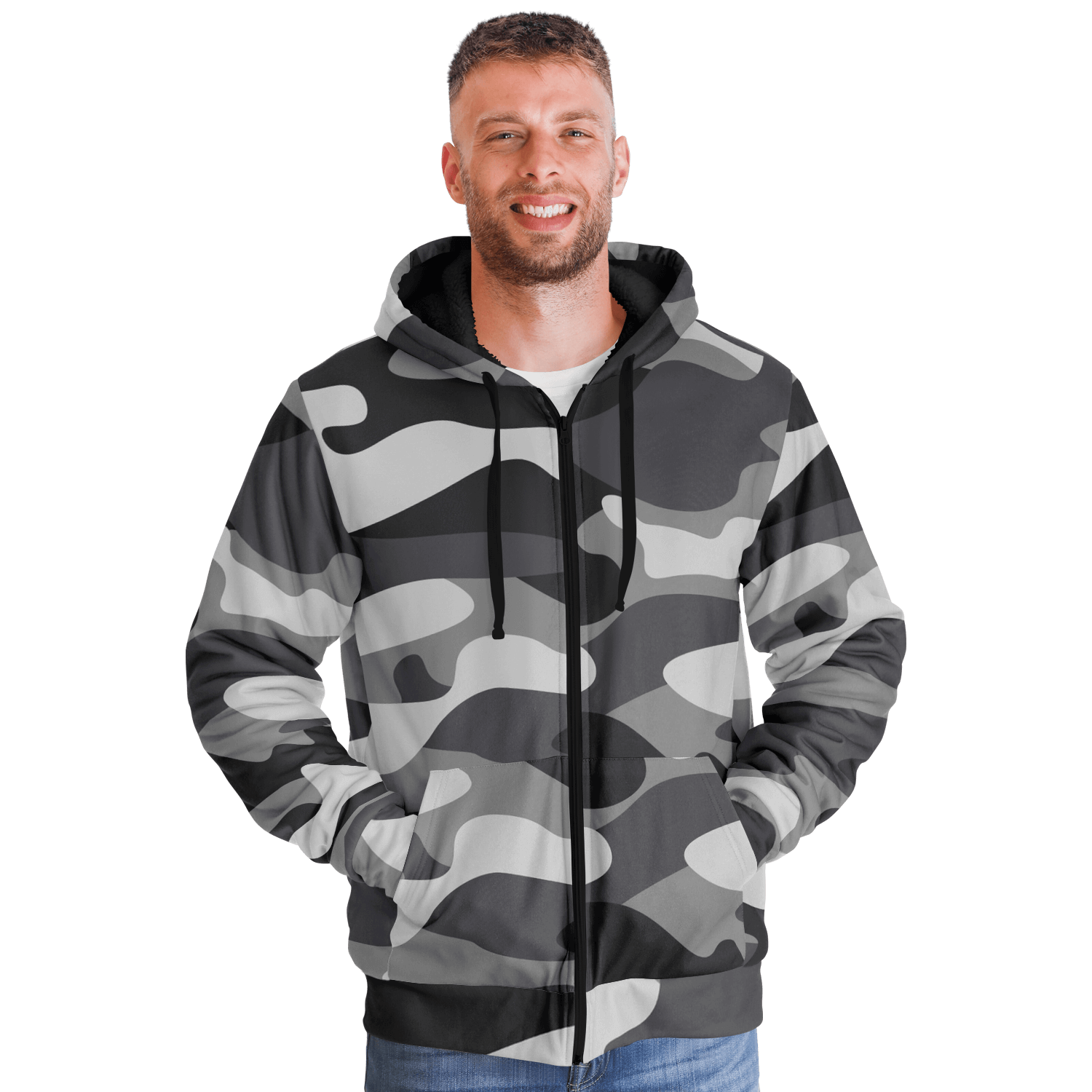 Microfleece Zip Camouflage Hoodie in Shade Of Grey Camo Colors