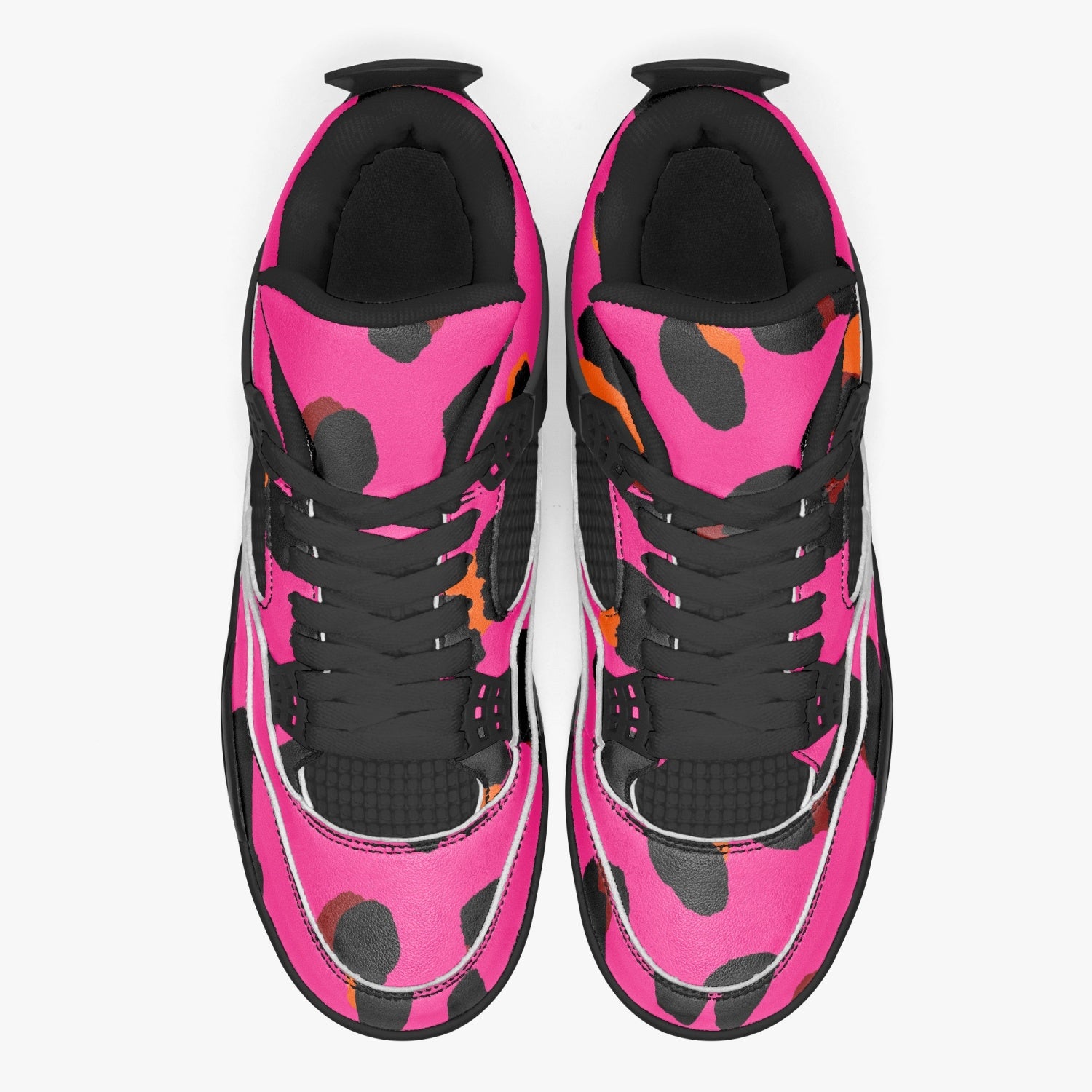Leopard Jordans AJ4 | Cerise Pink, Orange and Black Pattern Camo Colors