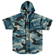 Hooded Baseball Jersey | Blue & Charcoal Camo Print | Camo Colors