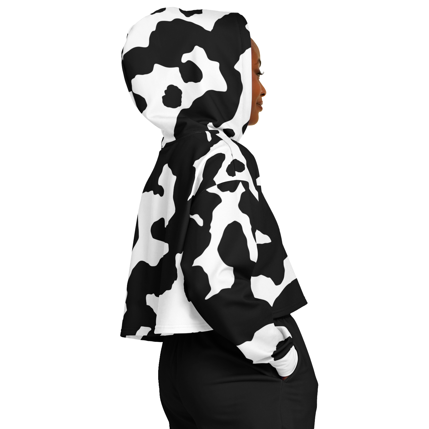 Cropped Hoodie For Women | Black & White Cow Camouflage Camo Colors