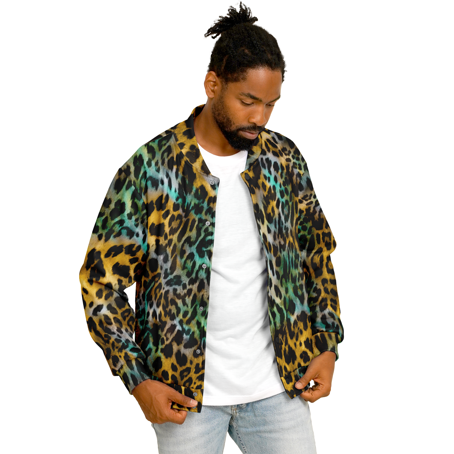 Baseball Jacket in Yellow and Blue Leopard Print Camo Colors