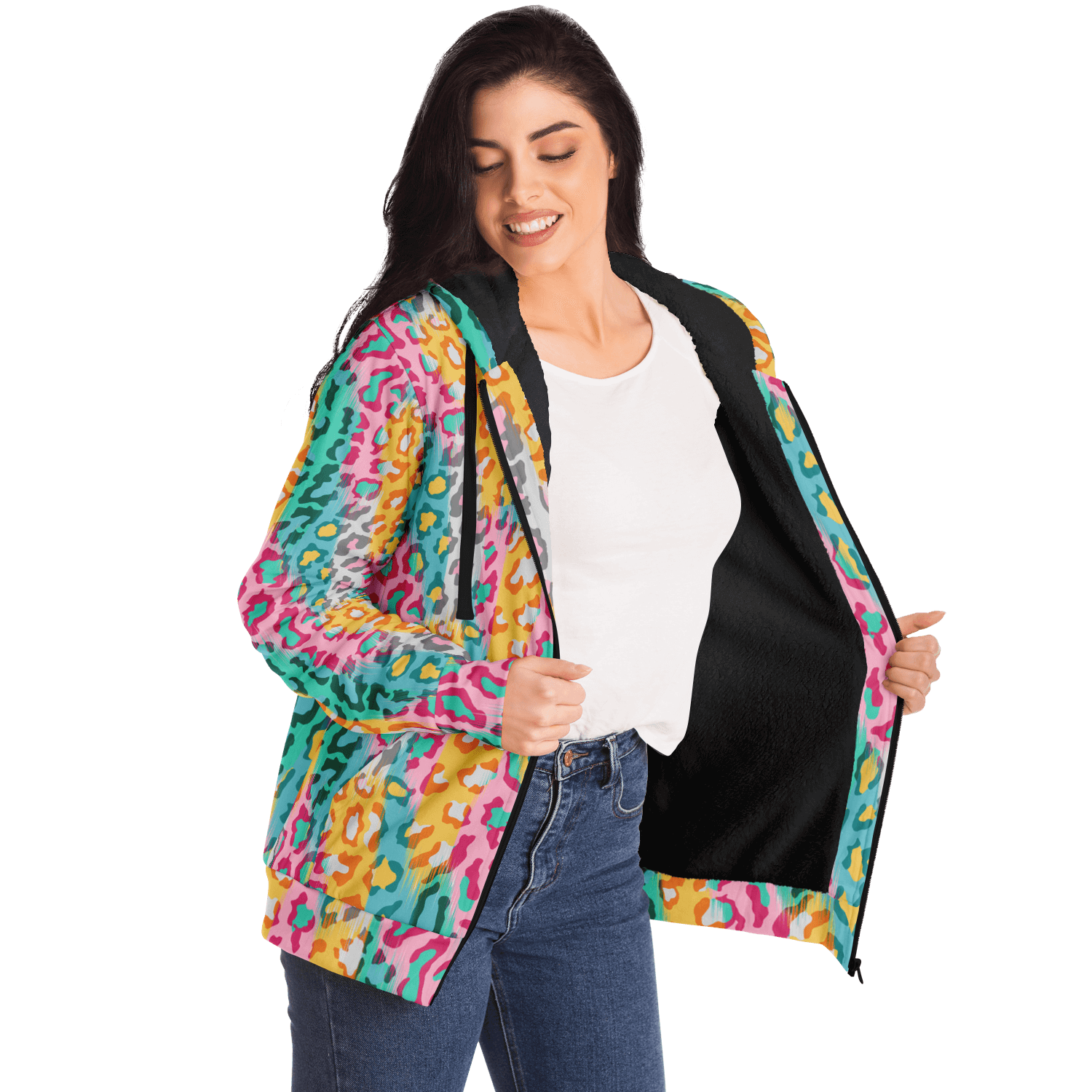 Microfleece Zip Hoodie | Colorful Leopard Pattern Camo Colors