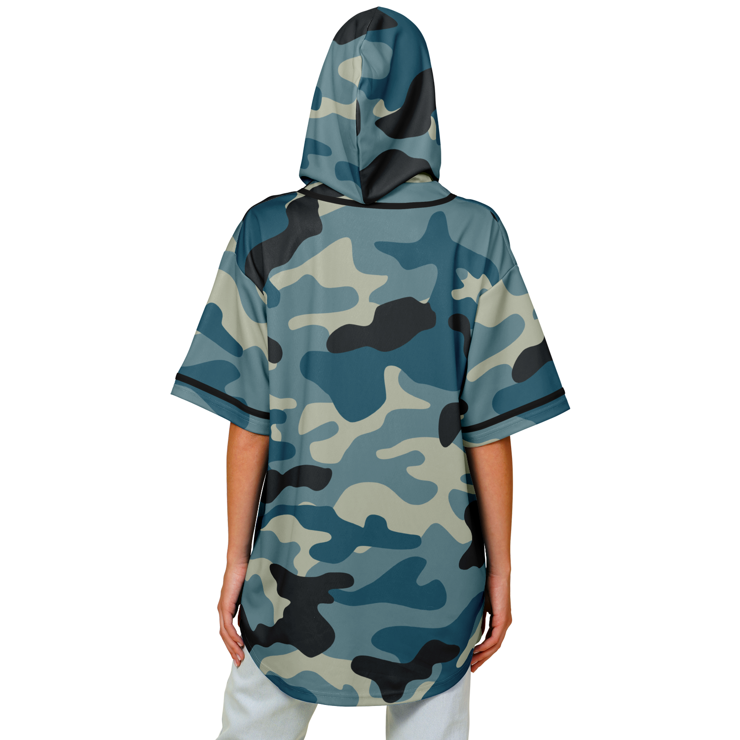 Hooded Baseball Jersey | Blue & Charcoal Camo Print | Camo Colors