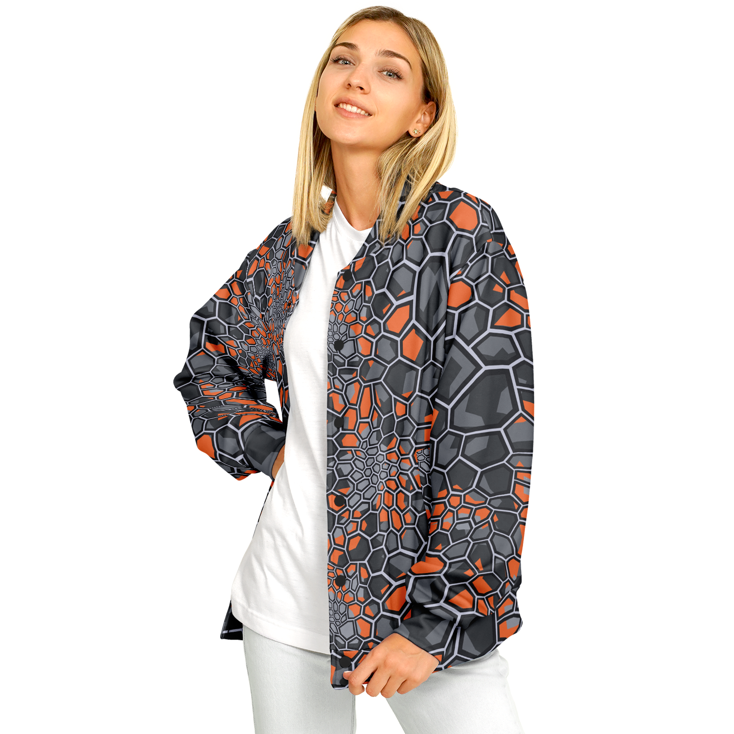 Baseball Jacket | Geometric Camo in Orange, Gray & Black Camo Colors
