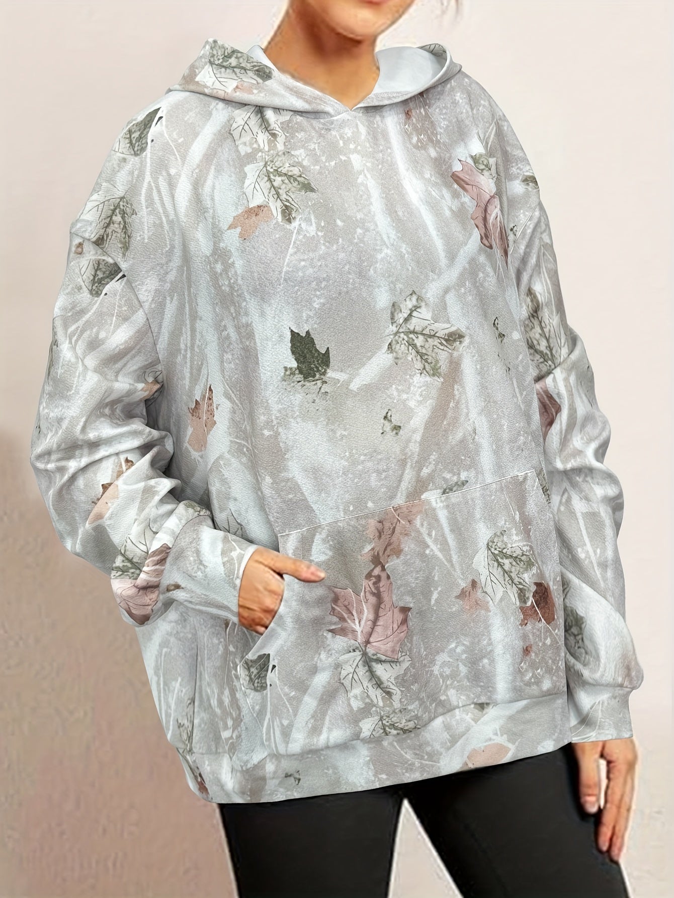 Plus Size Leaf Print Hoodie for Women | Light Grey Camo Colors