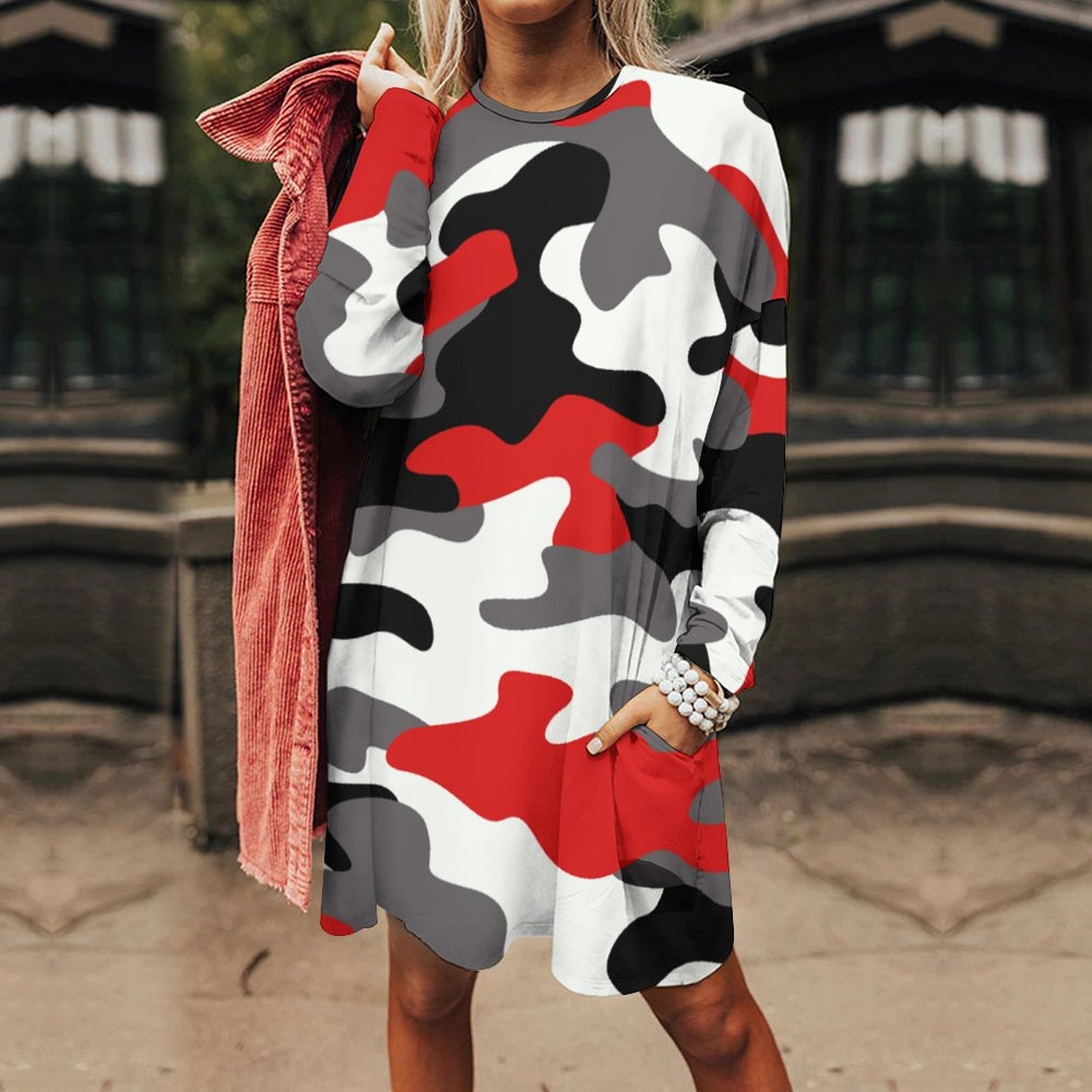 Camo Shirt | Loose Fit Long Sleeves | Red, Black, & White Camo Colors