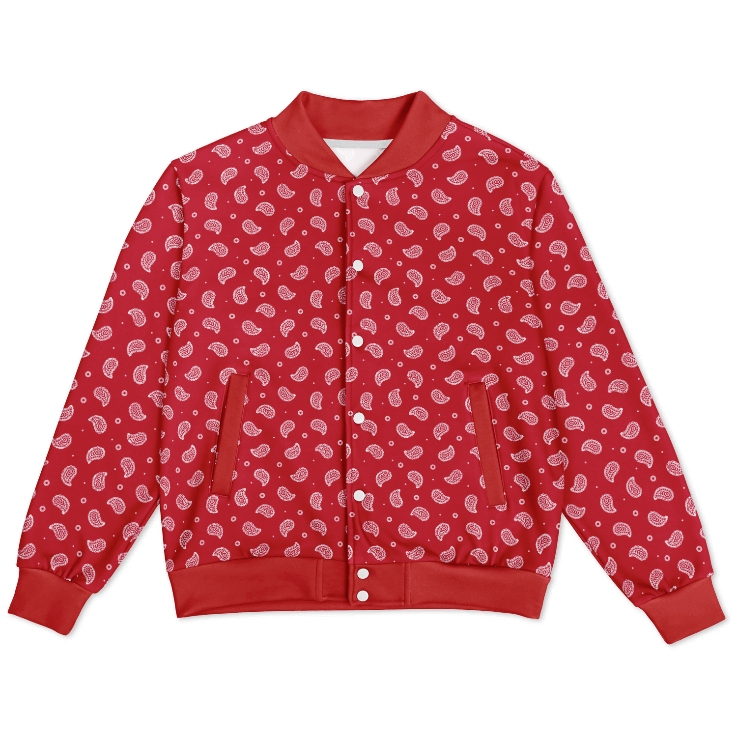 Red Bandana Baseball Jacket | Small White Paisley Pattern Camo Colors