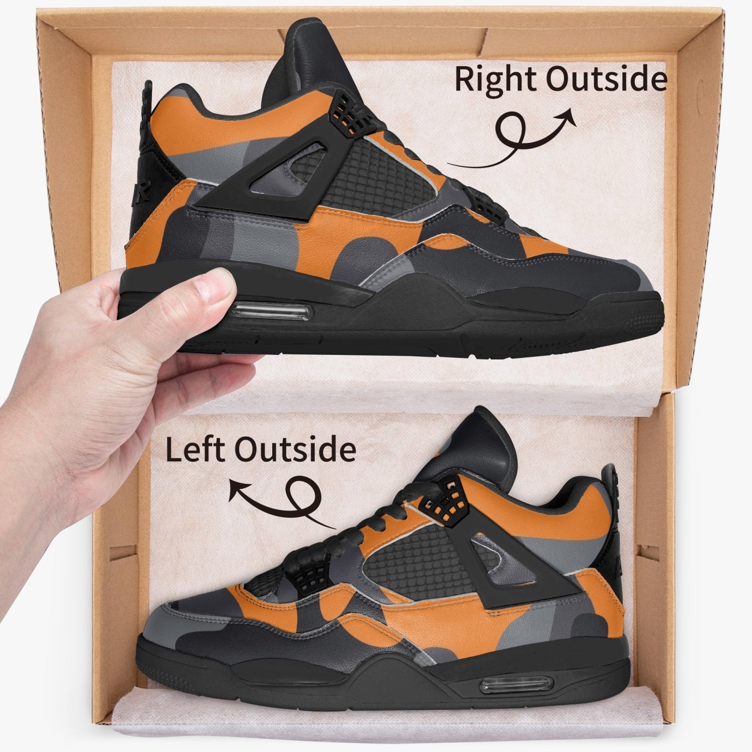 Camo Jordans AJ4 | Orange, Black and Gray Camo Colors