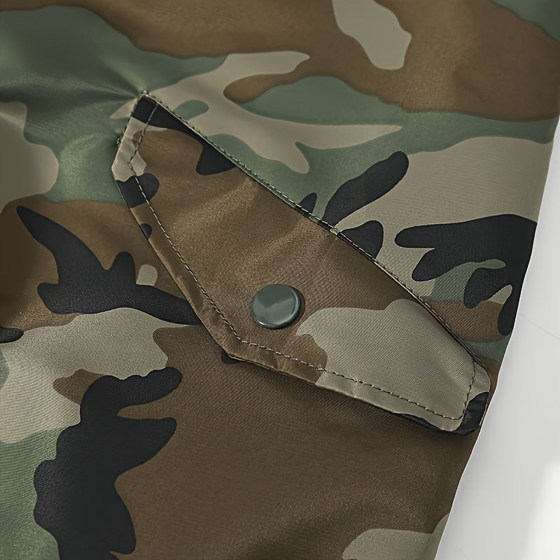 Fashionable Men's Camo Bomber Jacket, Stand Collar, Zipper Camo Colors