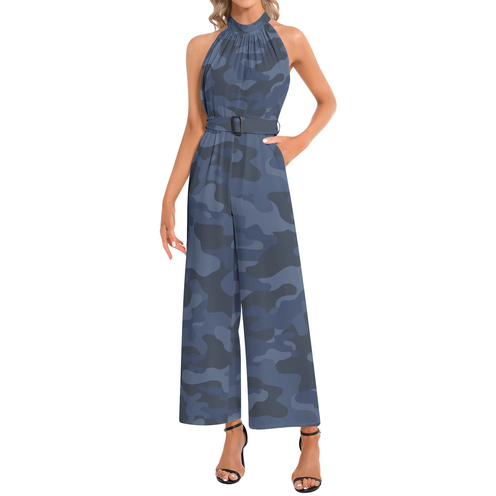 Camo Jumpsuit | Belted Halter Neck | Deep Blue Camo Colors