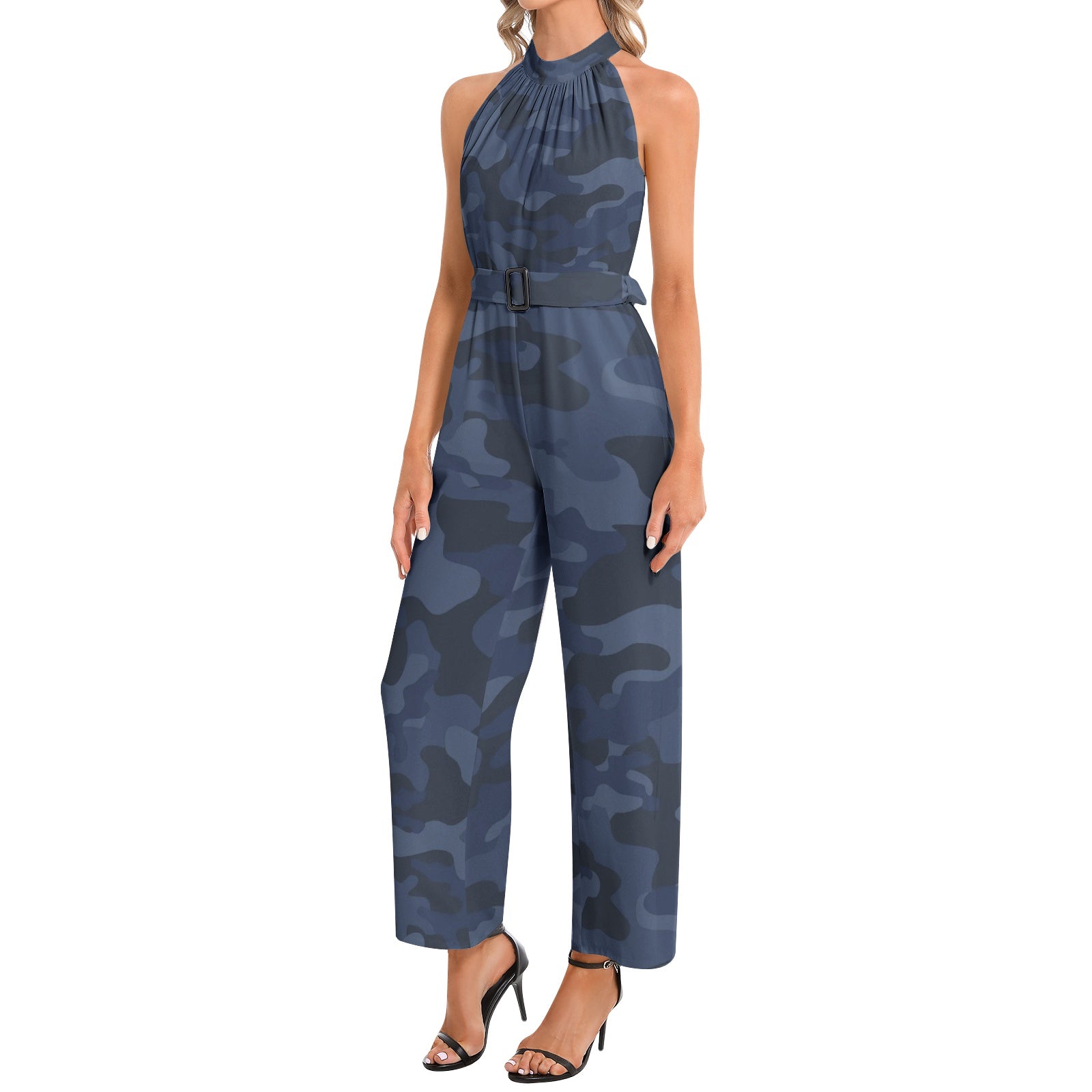 Camo Jumpsuit | Belted Halter Neck | Deep Blue Camo Colors