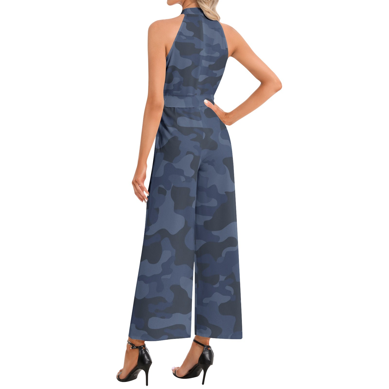 Camo Jumpsuit | Belted Halter Neck | Deep Blue Camo Colors