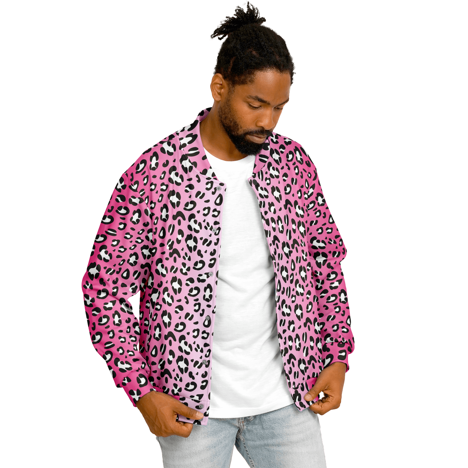 Baseball Jacket in Pink, Black & White Leopard Pattern Camo Colors