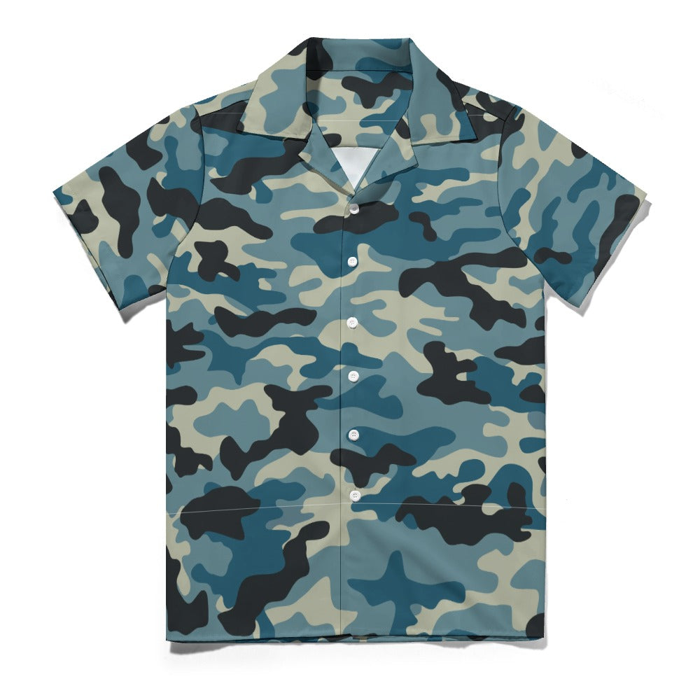 Men's Camo Shirt in Shades of Blue & Charcoal | Cuban Collar Design | Camo Colors