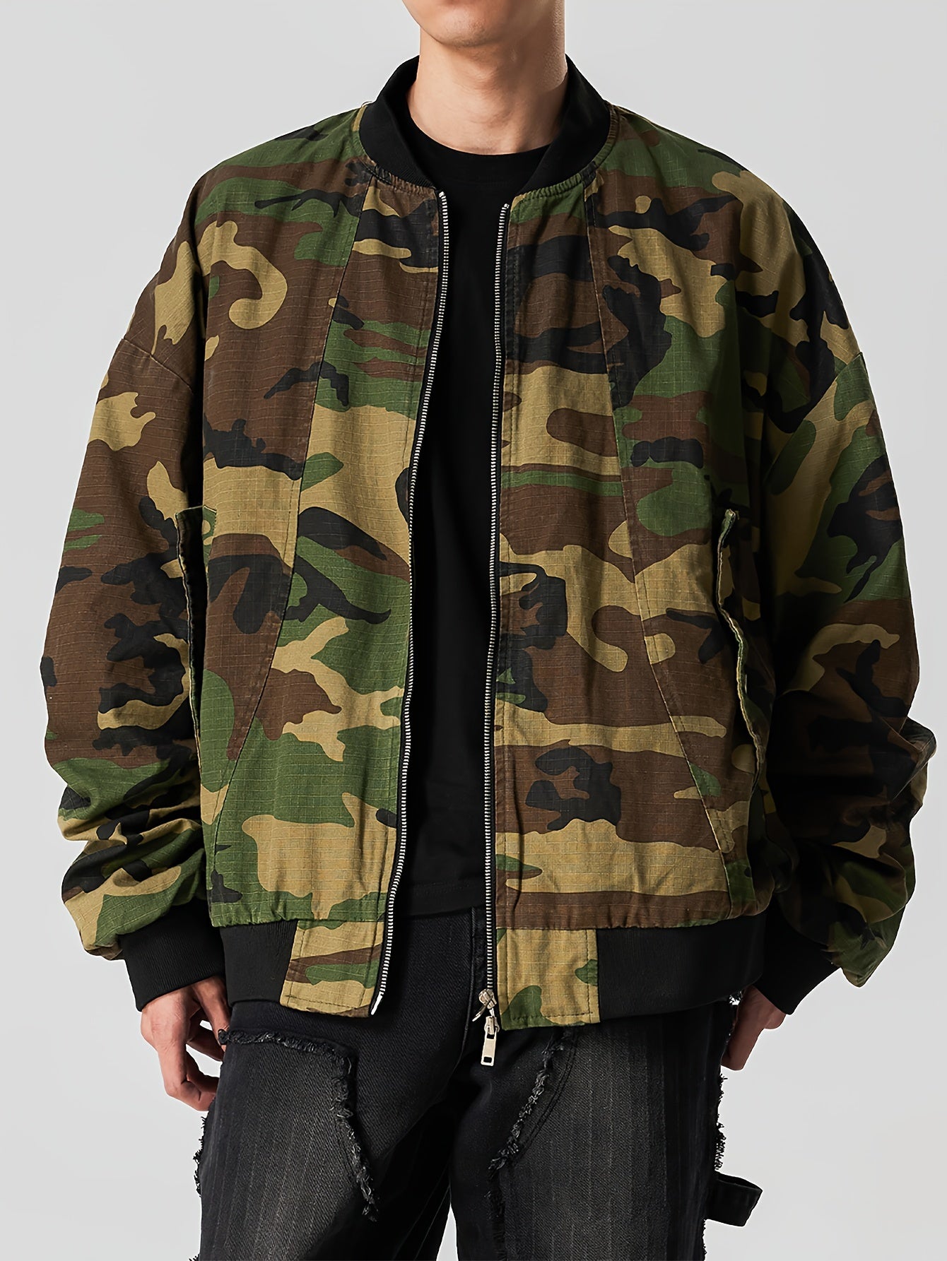 Casual Camo Print Bomber Jacket for Women, Zip-Up Outerwear Camo Colors