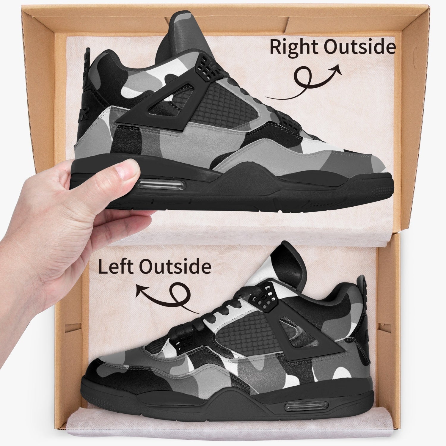 Camo Jordans AJ4 | Gray, Black and White Camo Colors