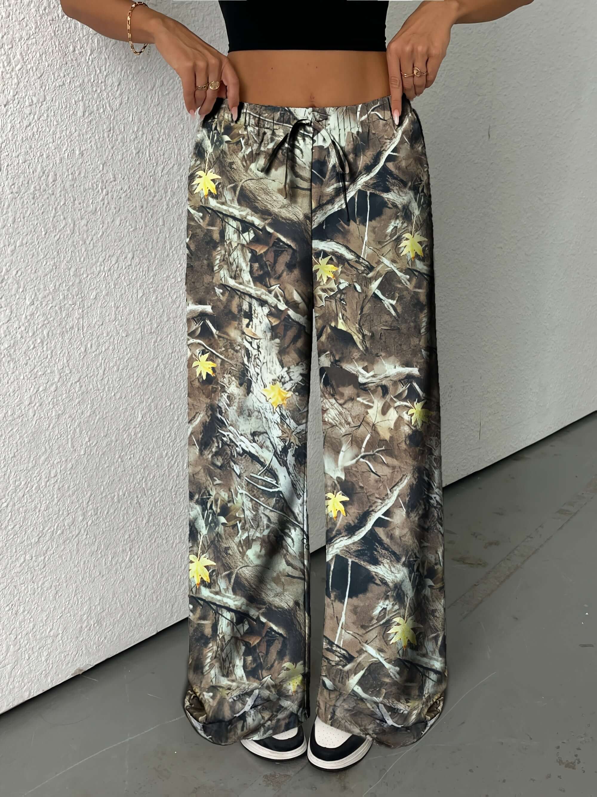 Women's Wide Leg Palazzo Pants with Drawstring | Camouflage Tree Branch Camo Colors