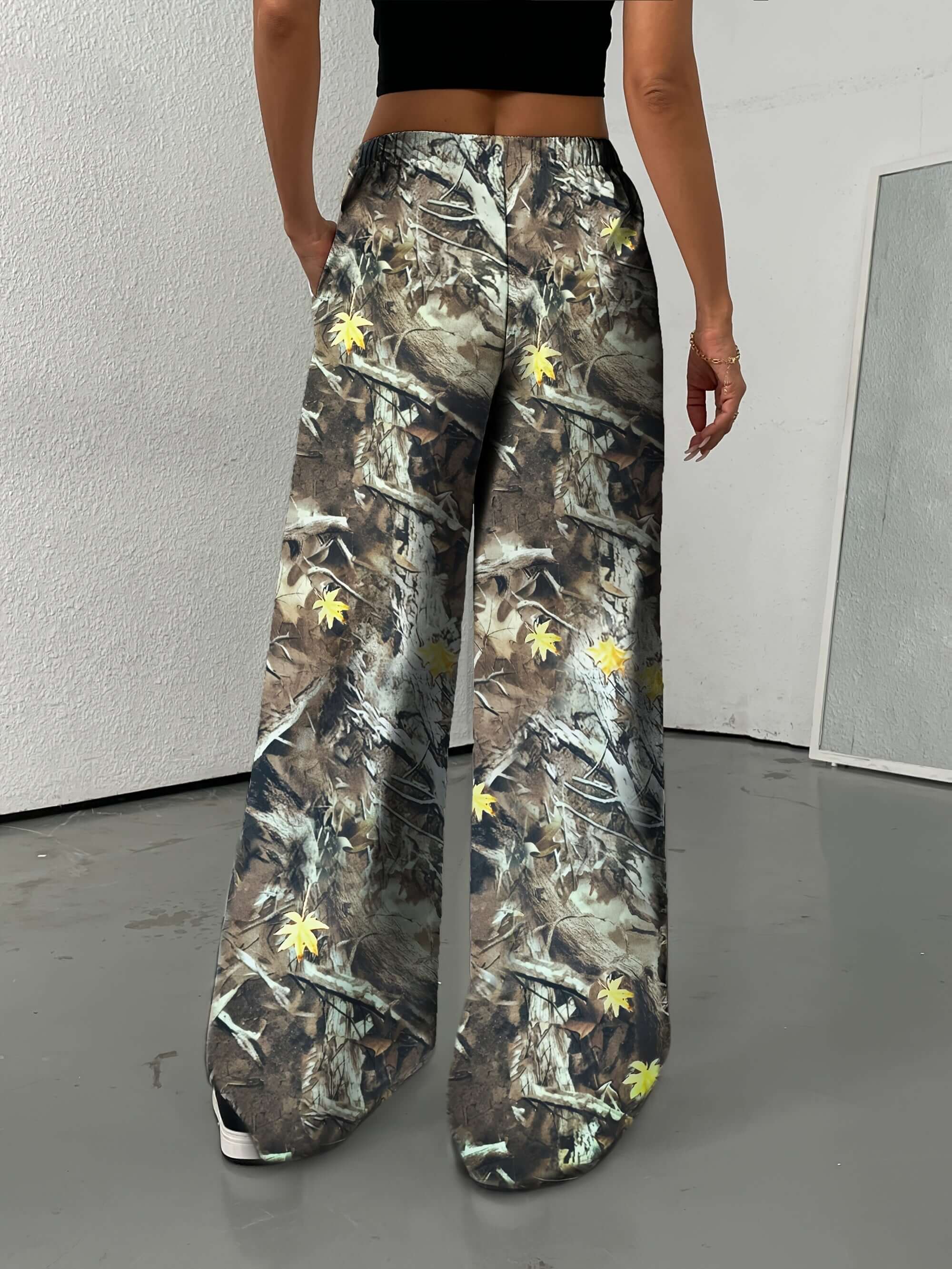 Women's Wide Leg Palazzo Pants with Drawstring | Camouflage Tree Branch Camo Colors