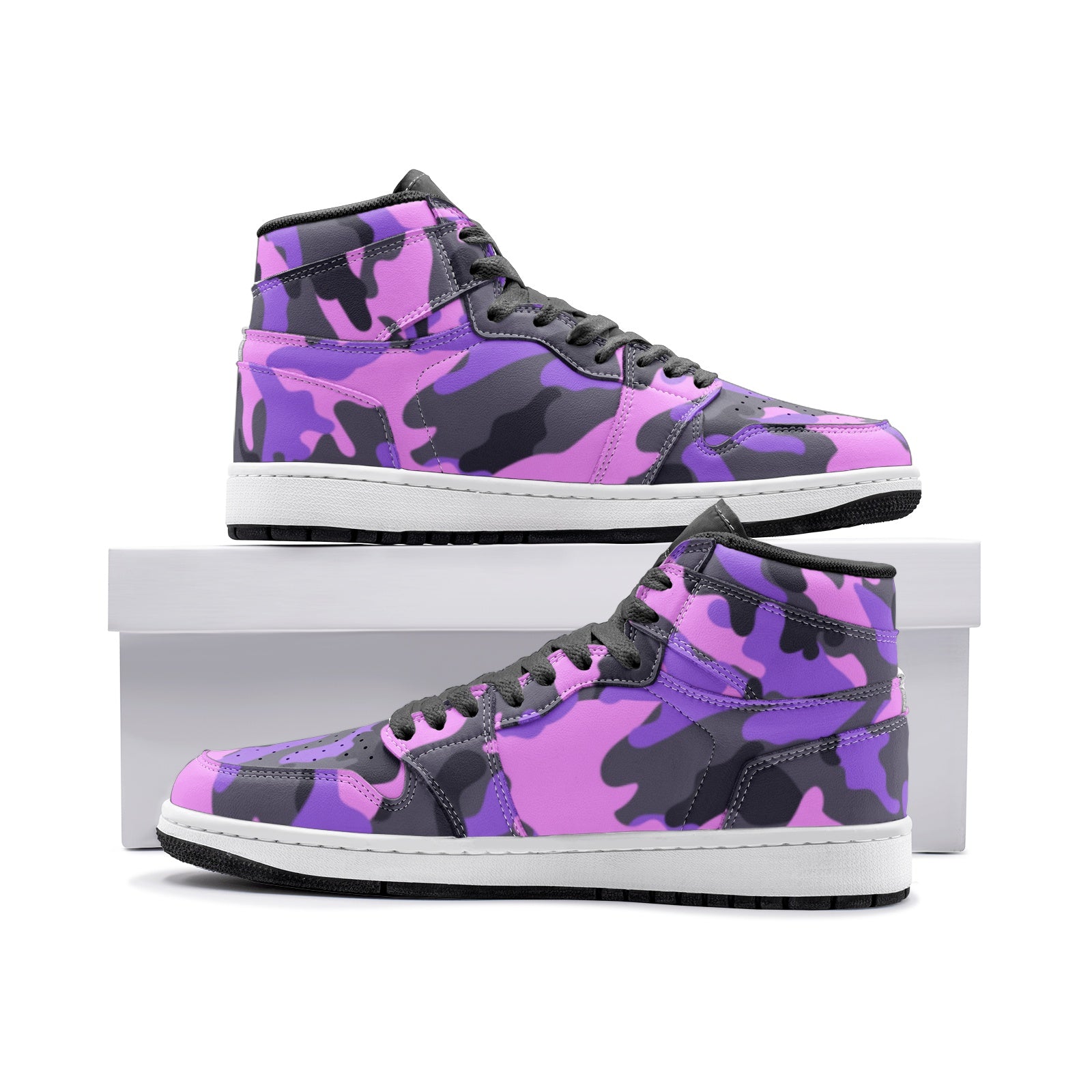 Pink Camo Sneakers AJ 1 | High Top Leather | Black & Indigo Camo Colors