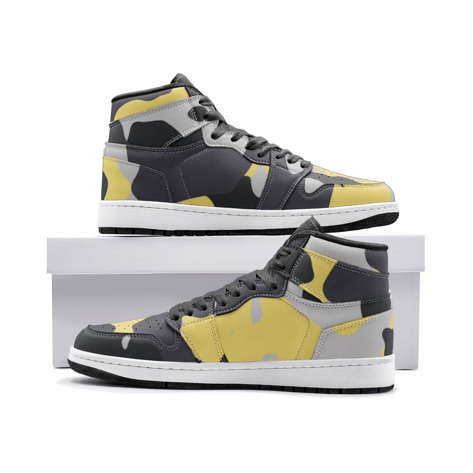 Camo Sneakers AJ 1 | High-Top | Yellow, Black, and Silver Camouflage Camo Colors