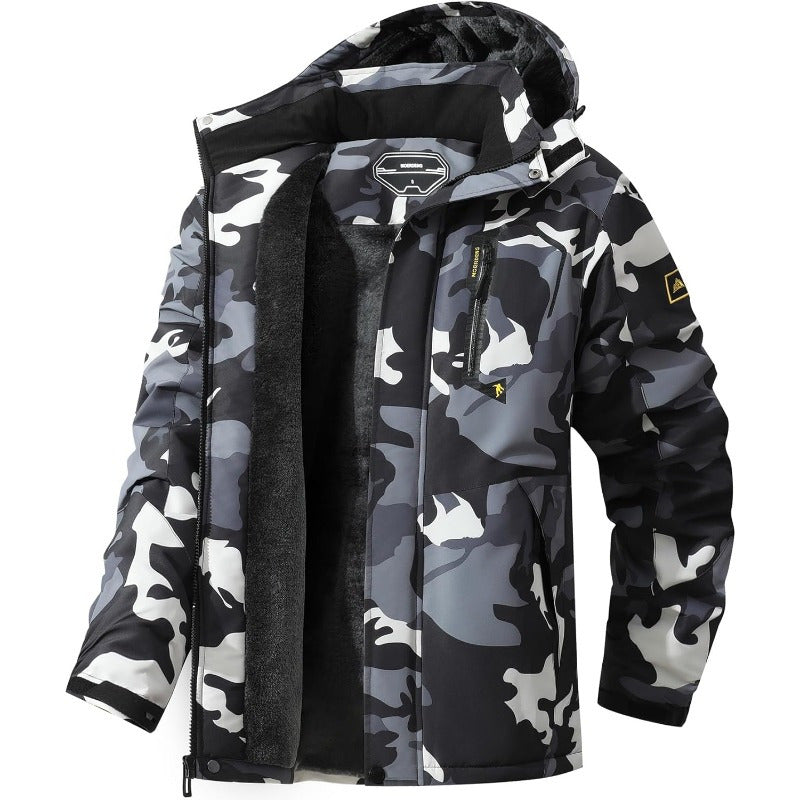 Men's Designer Black Ski Jacket | Fleece with Removable Hood Camo Colors