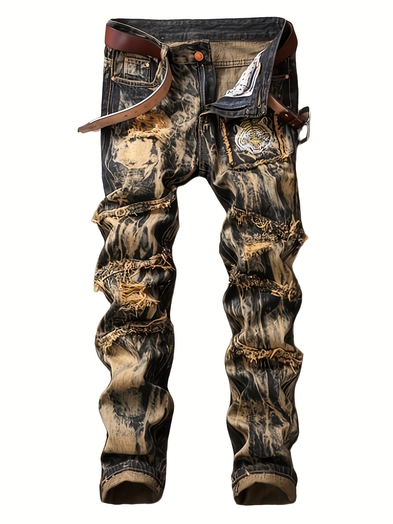 Men's Street Style Embroidered Jeans: Regular Fit, Non-Stretch Denim Camo Colors