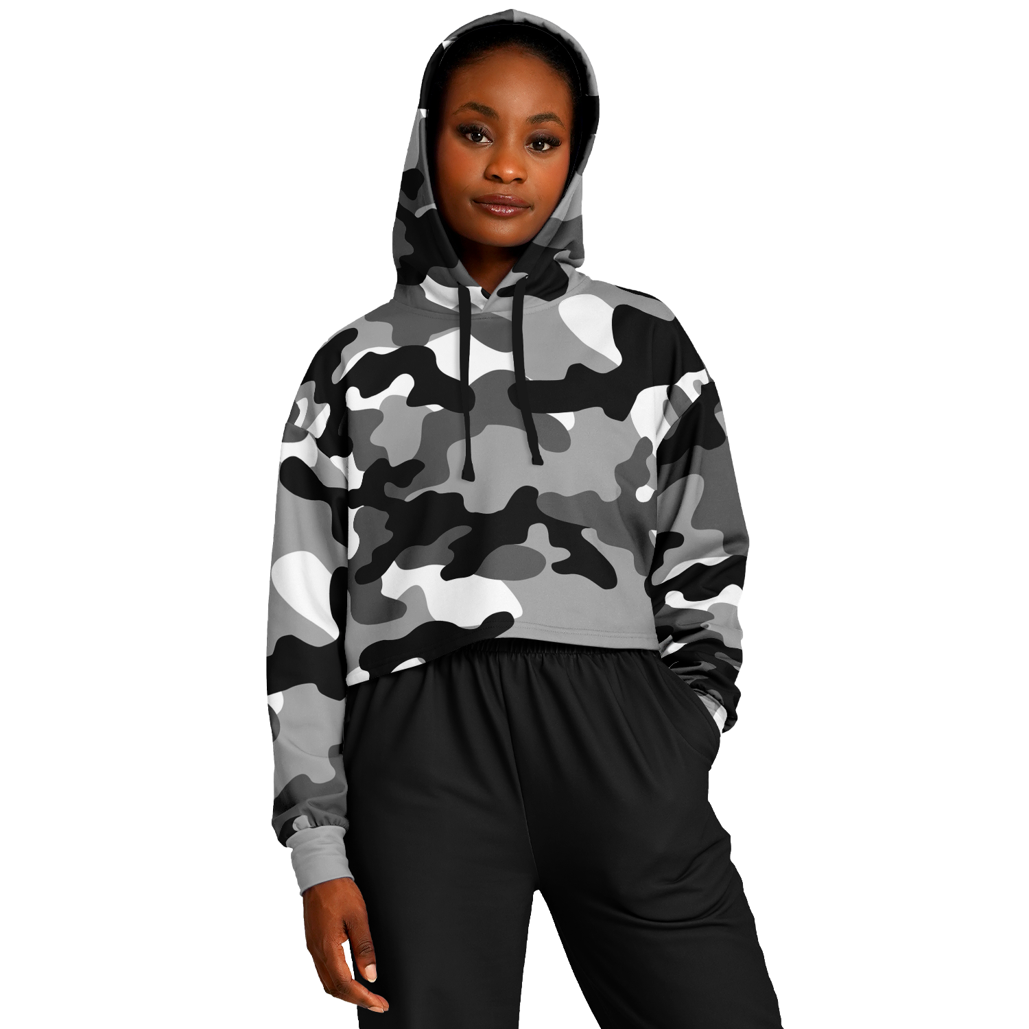 Cropped Hoodie For Women | Black, White & Gray Camouflage Camo Colors