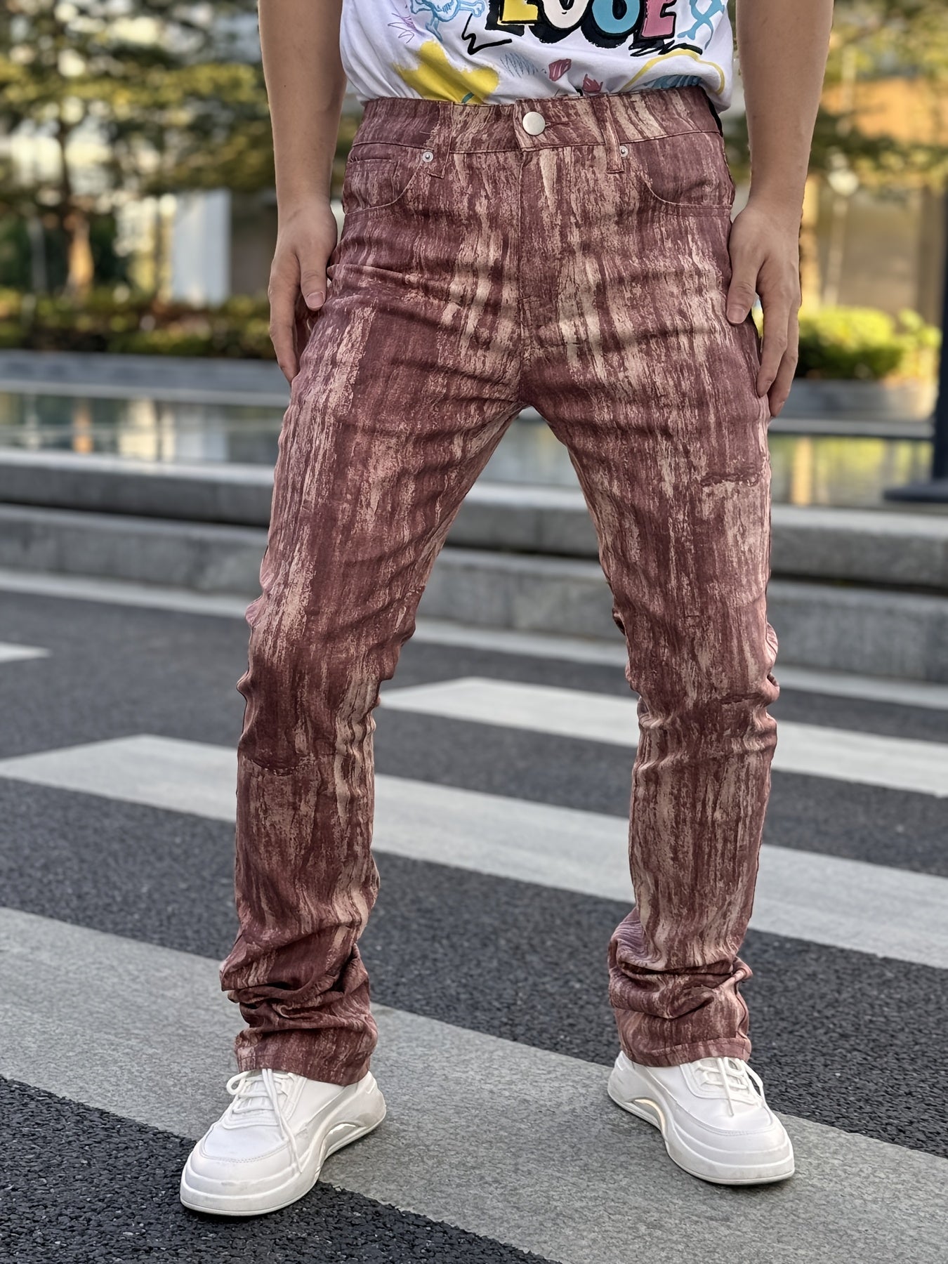 Men's Stretch Denim Flared Pants with 3D Digital Print Camo Colors