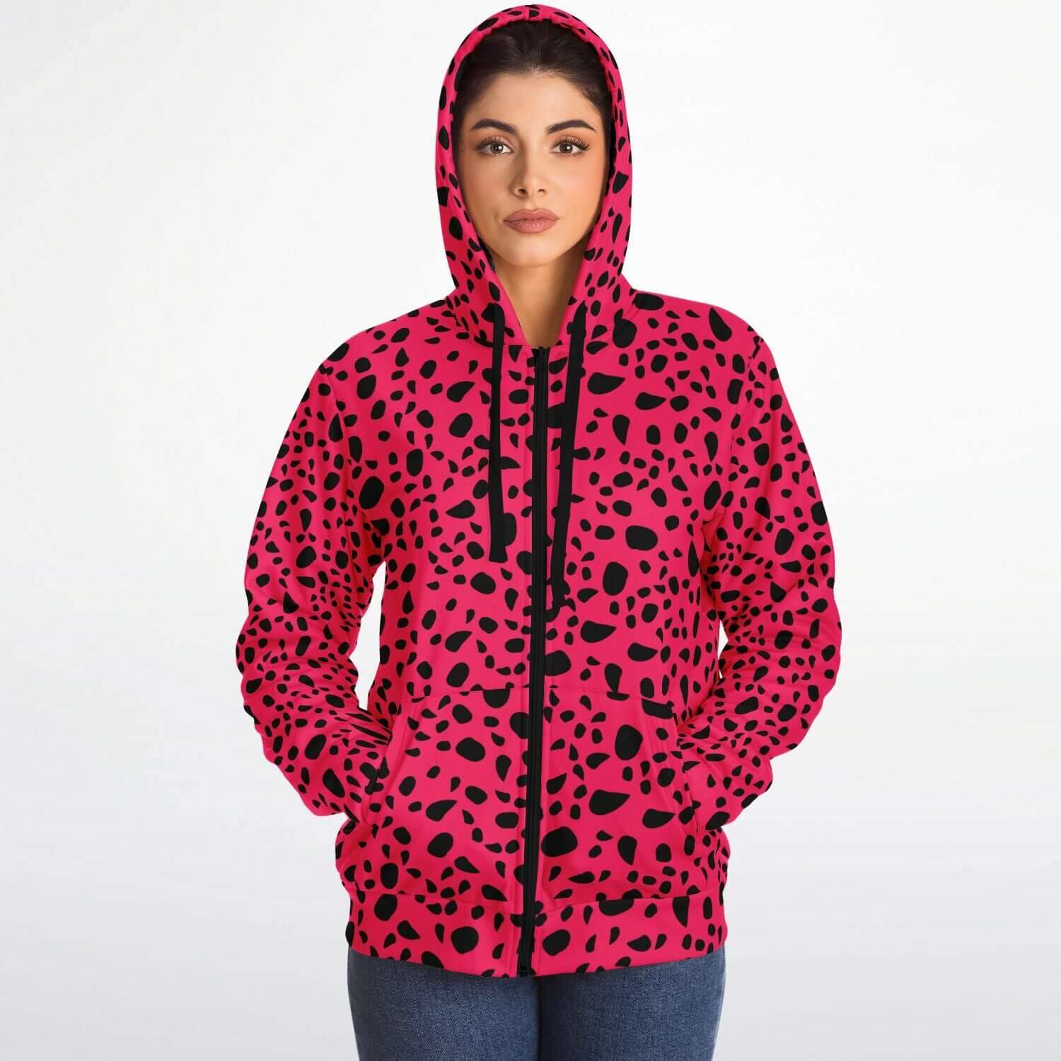 Microfleece Zip Camo Hoodie | Leopard Print in Pink & Black Camo Colors