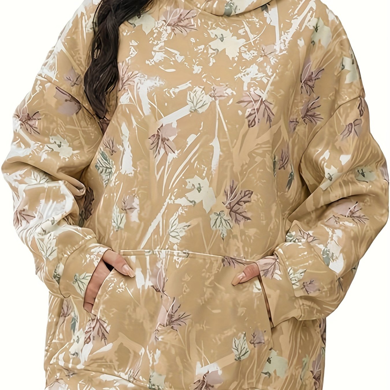 Plus Size Coffee Leaf Print Hoodie | Long Sleeves Paisley Camo Colors