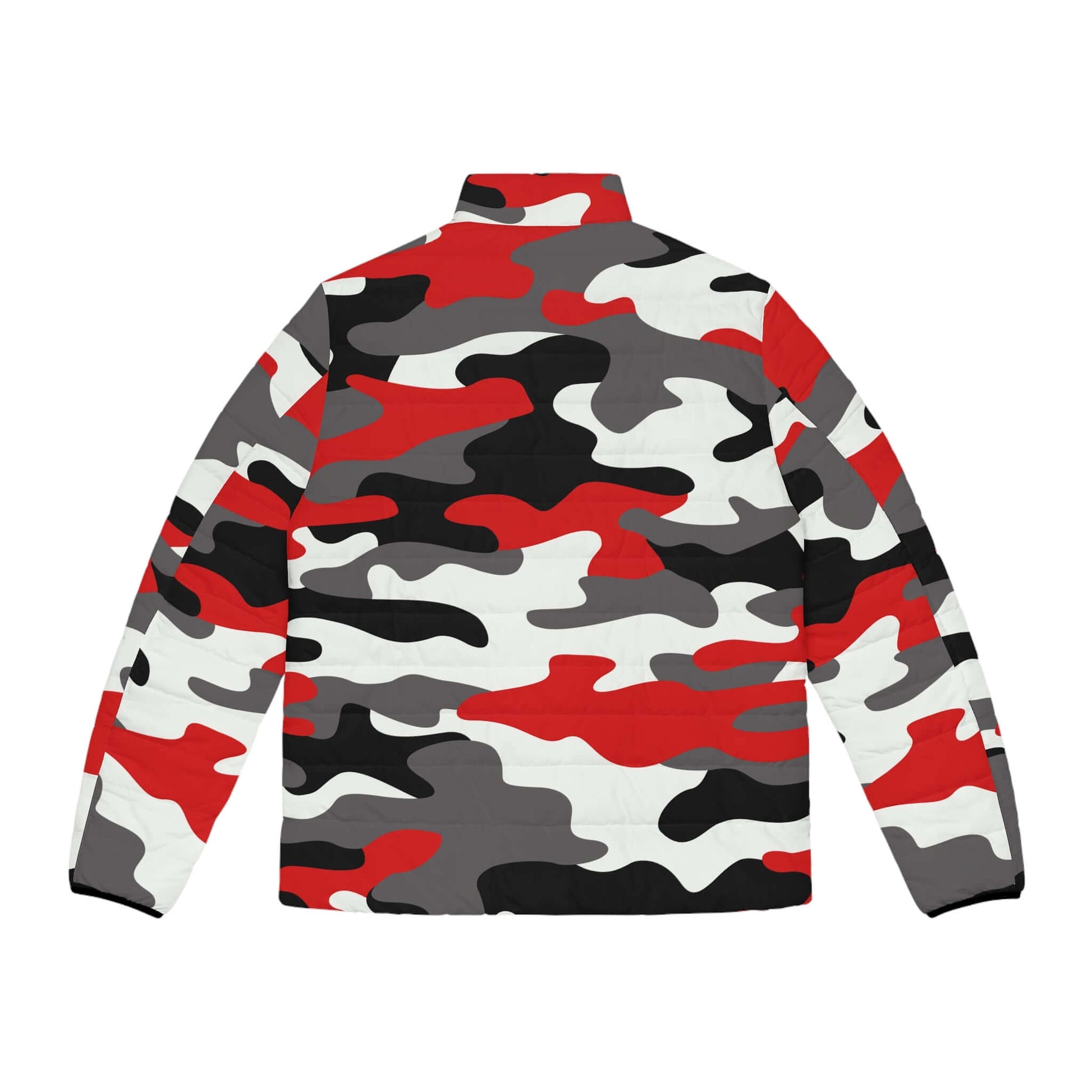 Men's Camo Puffer Jacket | Red, Black, and White Camouflage Camo Colors