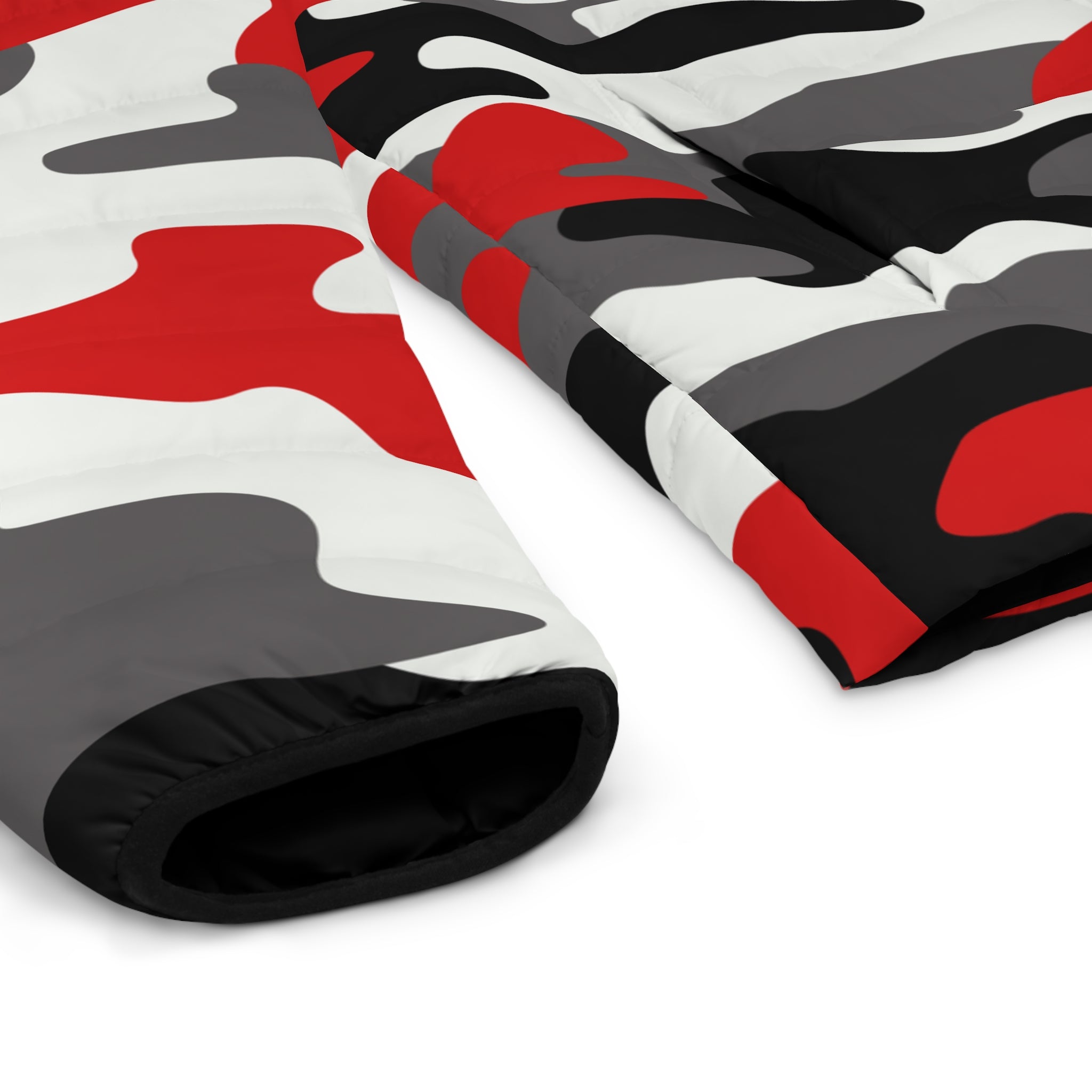 Men's Camo Puffer Jacket | Red, Black, and White Camouflage Camo Colors