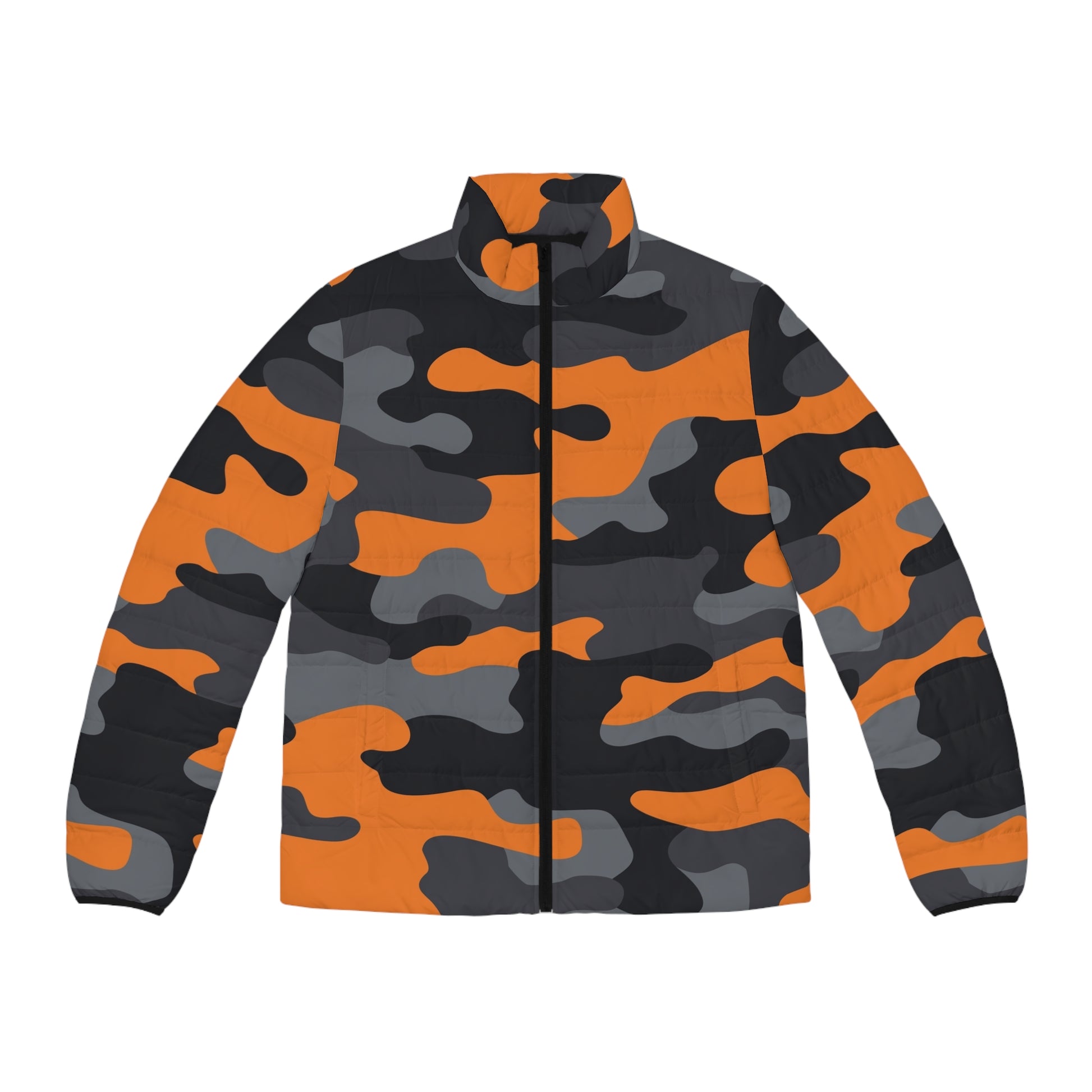 Camo Puffer Jacket | Orange, Gray & Black Camo Colors