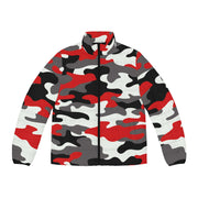 Men's Camo Puffer Jacket | Red, Black, and White Camouflage Camo Colors
