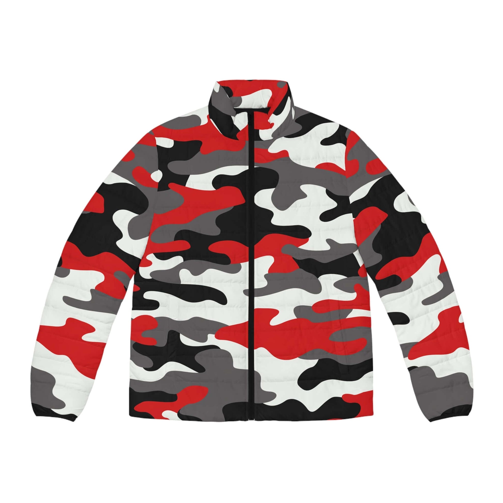 Men's Camo Puffer Jacket | Red, Black, and White Camouflage Camo Colors