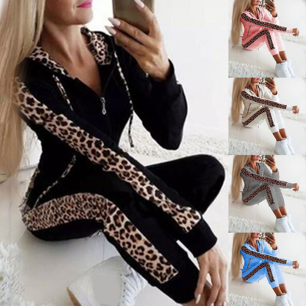 Women’s Leopard Stitching Two-Piece Tracksuit – Hoodie & Pants Set | Camo Colors