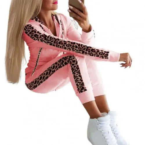 Women’s Leopard Stitching Two-Piece Tracksuit – Hoodie & Pants Set | Camo Colors
