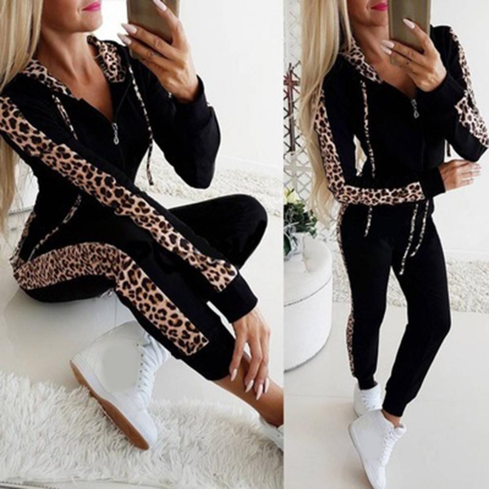 Women’s Leopard Stitching Two-Piece Tracksuit – Hoodie & Pants Set | Camo Colors