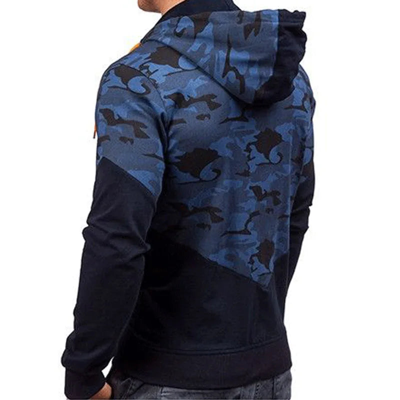 Men's Camouflage Patchwork Zip Hoodie - Casual Long Sleeve | Camo Colors