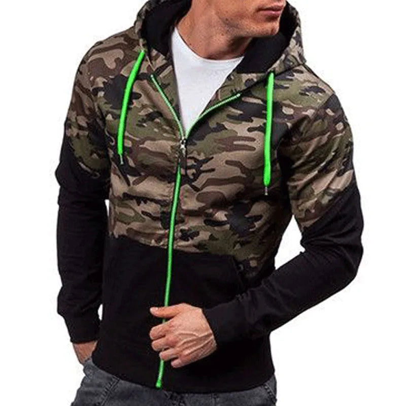 Men's Camouflage Patchwork Zip Hoodie - Casual Long Sleeve | Camo Colors