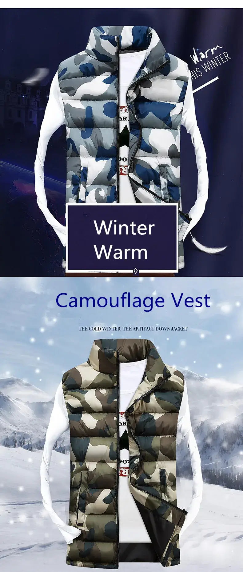 Thick Camouflage Vest for Men | Stand Collar Sleeveless Camo Colors