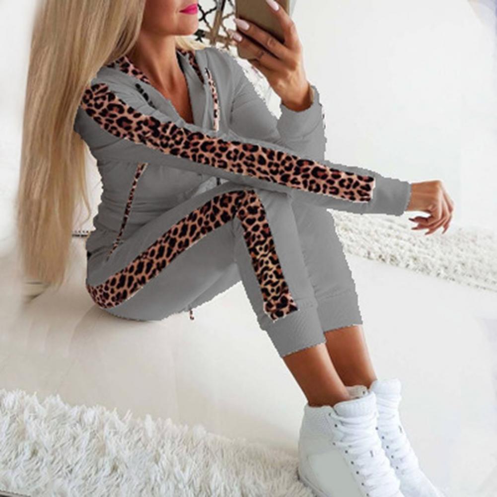 Women’s Leopard Stitching Two-Piece Tracksuit – Hoodie & Pants Set | Camo Colors