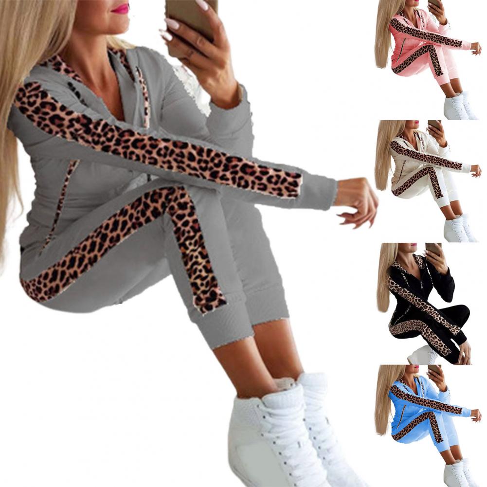 Women’s Leopard Stitching Two-Piece Tracksuit – Hoodie & Pants Set | Camo Colors