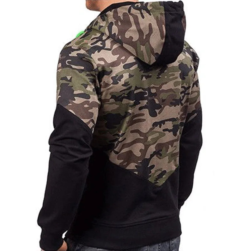 Men's Camouflage Patchwork Zip Hoodie - Casual Long Sleeve | Camo Colors