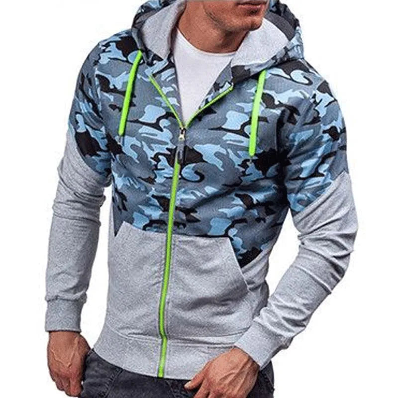 Men's Camouflage Patchwork Zip Hoodie - Casual Long Sleeve | Camo Colors
