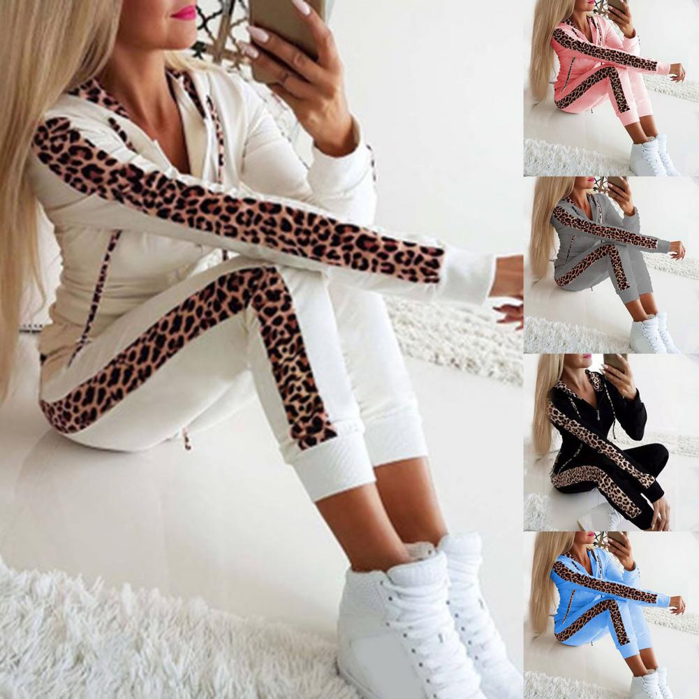 Women’s Leopard Stitching Two-Piece Tracksuit – Hoodie & Pants Set | Camo Colors